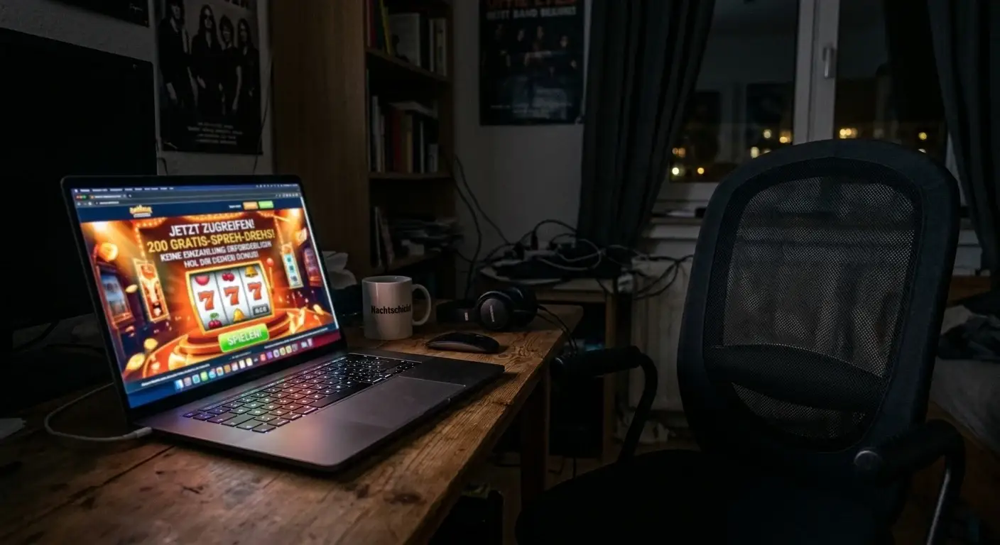 Laptop mit greller Werbezahl in düsterem Raum neben leerem Stuhl