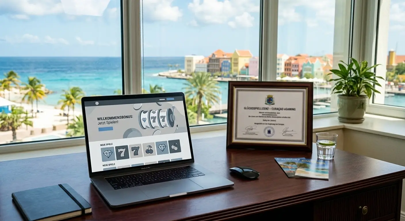 Offshore-Casino-Lizenz aus Curaçao auf Schreibtisch mit Laptop