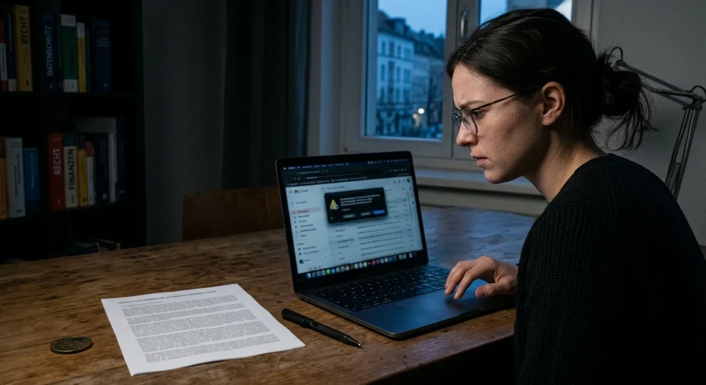 Person blickt vorsichtig auf einen Laptop mit einem neutralen Warnhinweis, daneben ein Dokument mit Kleingedrucktem, Sinnbild für das Risiko von Offshore-Angeboten mit Startguthaben
