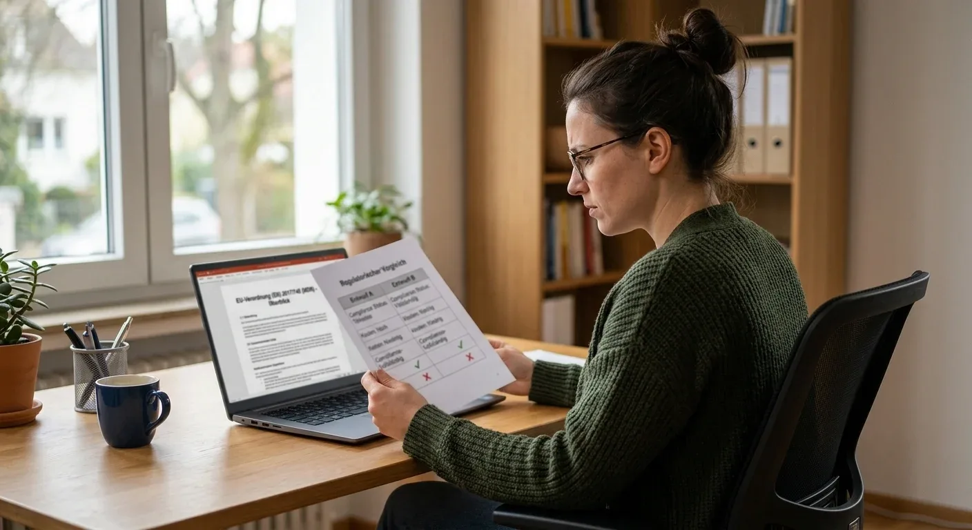 Person am Homeoffice mit Vergleichsdokument und Laptop zur Anbieterprüfung