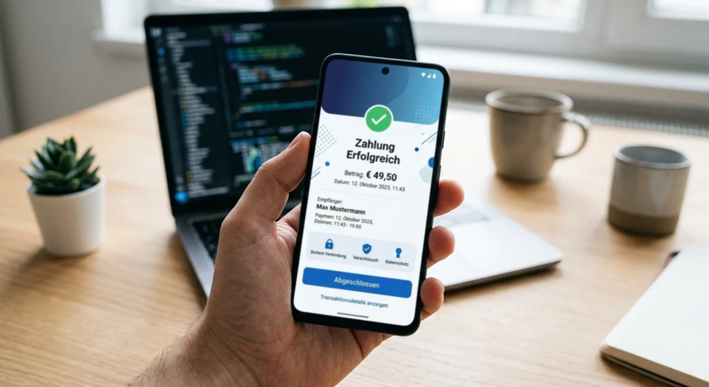 PayPal-Zahlungsinterface auf Smartphone mit Laptop im Hintergrund