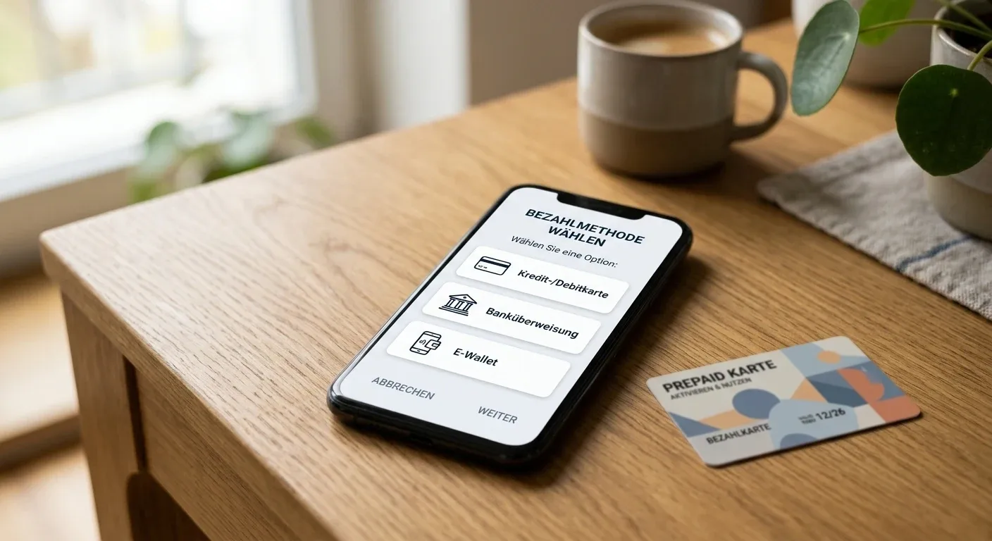 Smartphone mit generischer Zahlungsauswahl neben Prepaid-Karte auf Schreibtisch