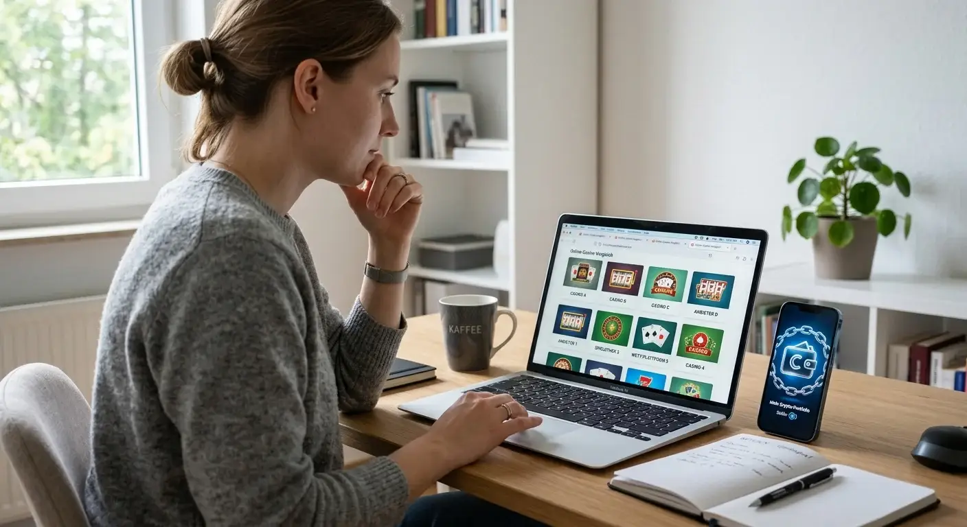 Person vergleicht Krypto-Casinos mit Plinko-Angebot am Laptop