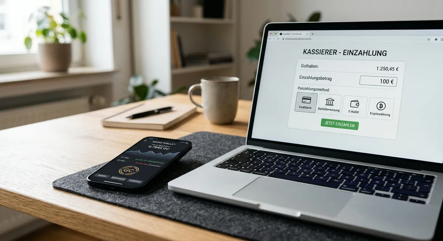 Krypto-Wallet auf dem Handy neben einem Laptop mit Casino-Kassenbereich