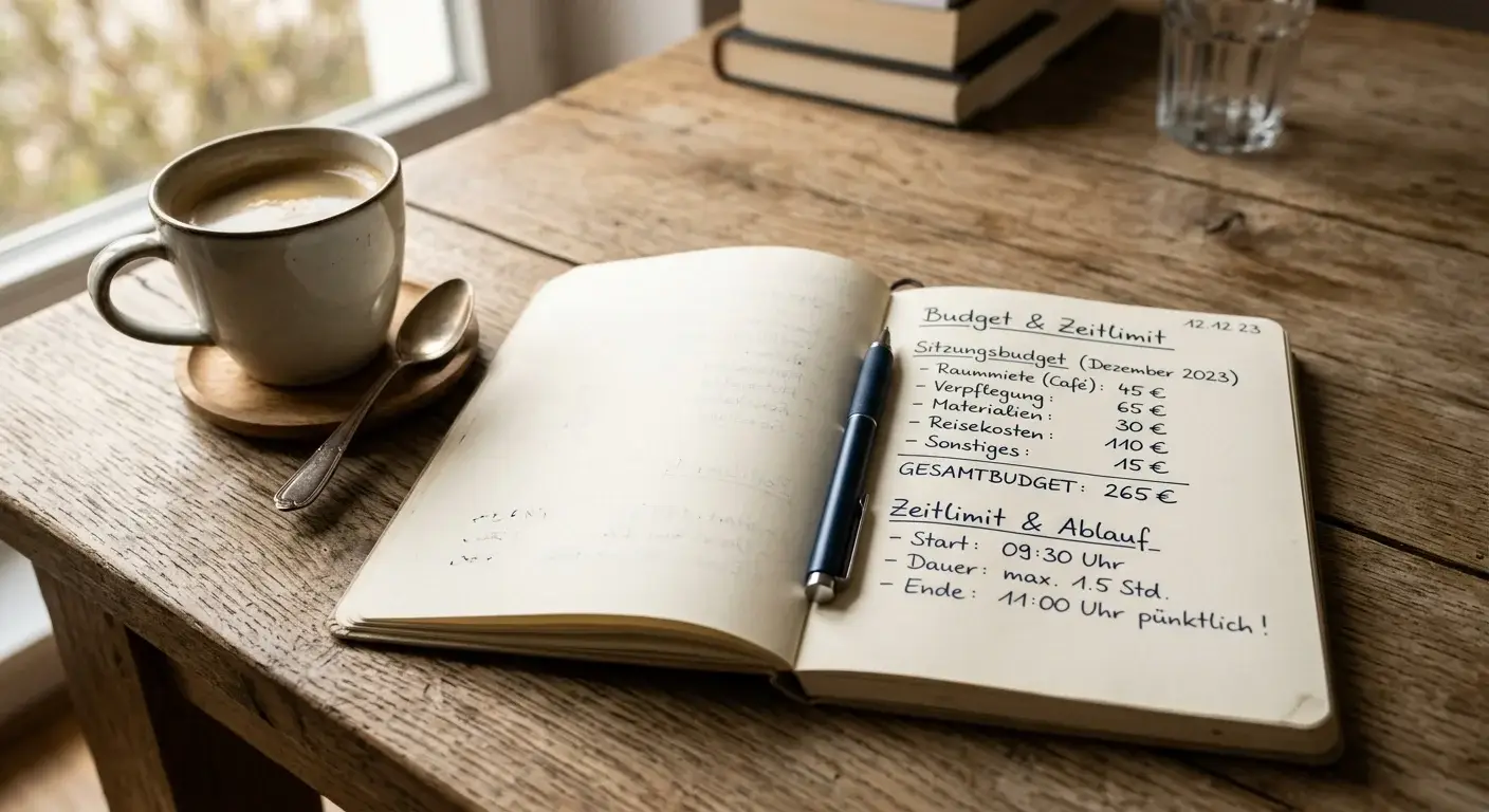 Notizbuch mit festgelegtem Spielbudget und Zeitlimit neben einer Tasse Kaffee