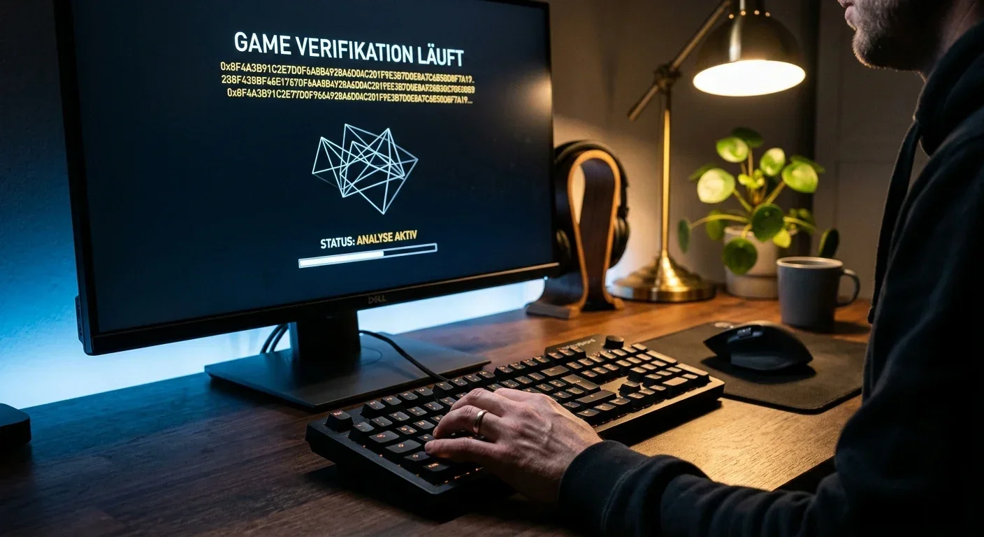 Nachprüfbare Provably-Fair-Runde eines hauseigenen Krypto-Spiels auf einem Bildschirm