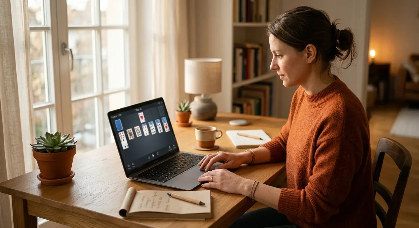 Person am Schreibtisch mit Laptop und Notizblock beim Lernen eines Kartenspiels