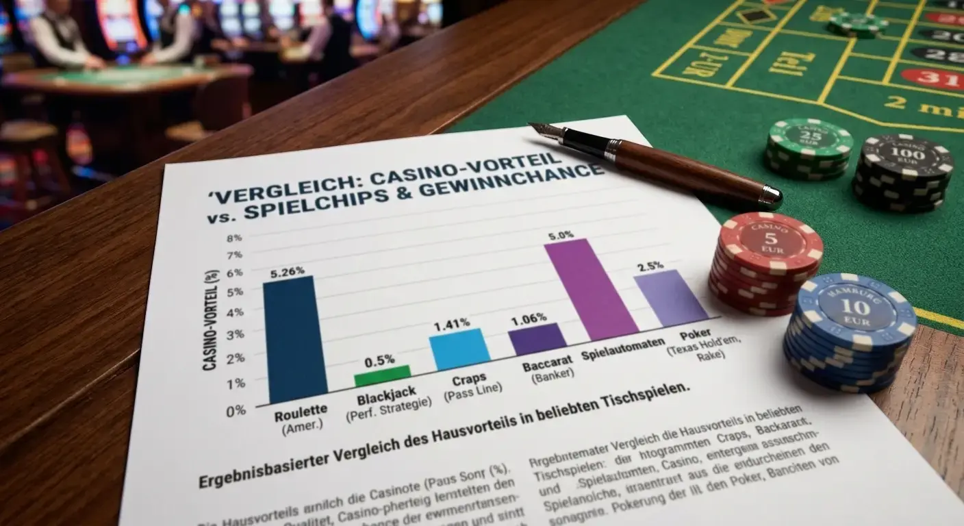 Balkendiagramm mit Hausvorteil-Vergleich und abstrakten Spielmarken auf einem Schreibtisch
