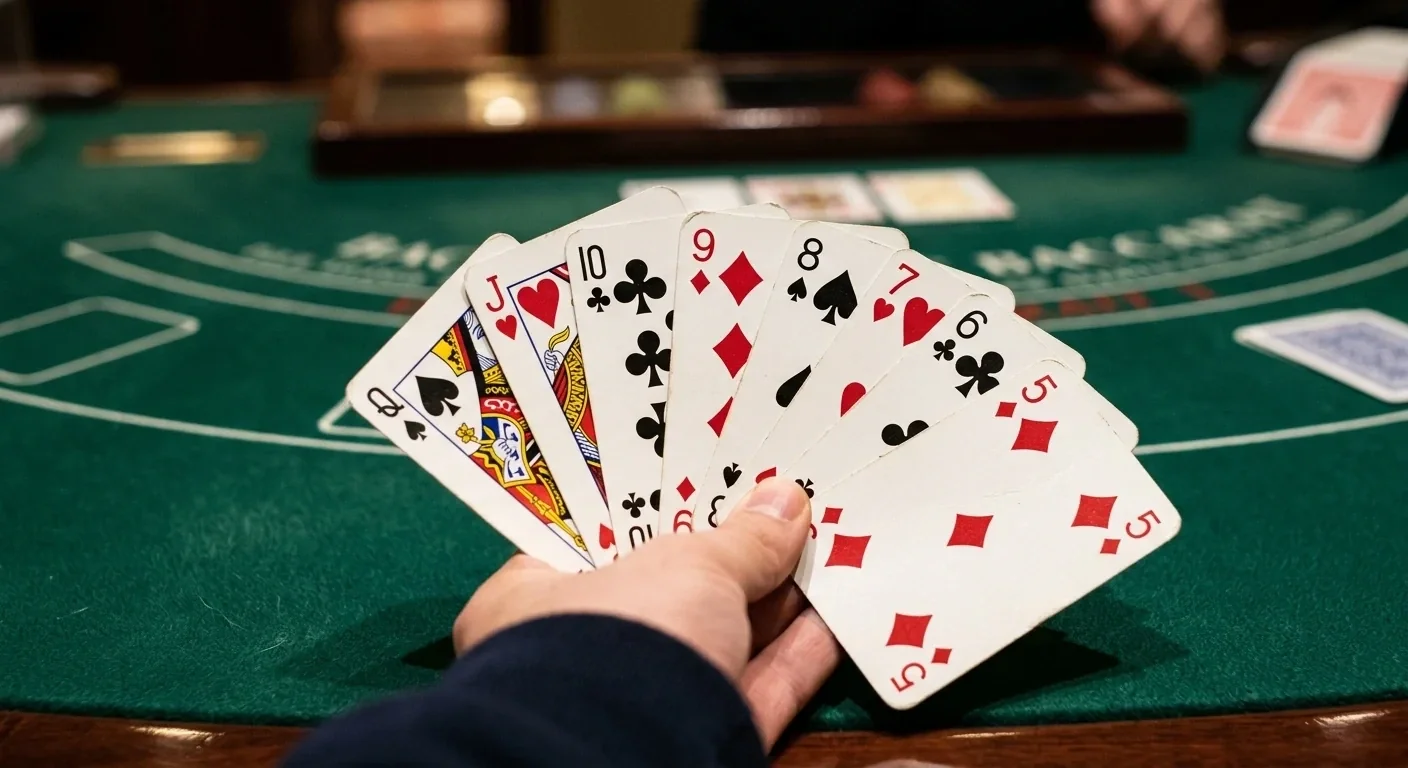Aufgefächerte Spielkarten auf grünem Baccarat-Filz ohne erkennbare Markenzeichen