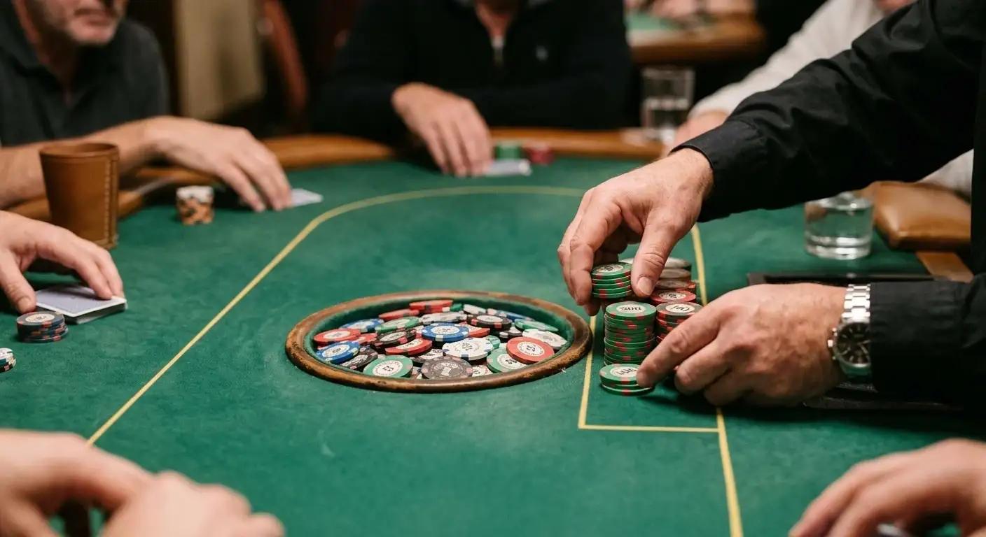 Pokerchips und Karten auf grünem Filz als Sinnbild für Rake und Hausvorteil
