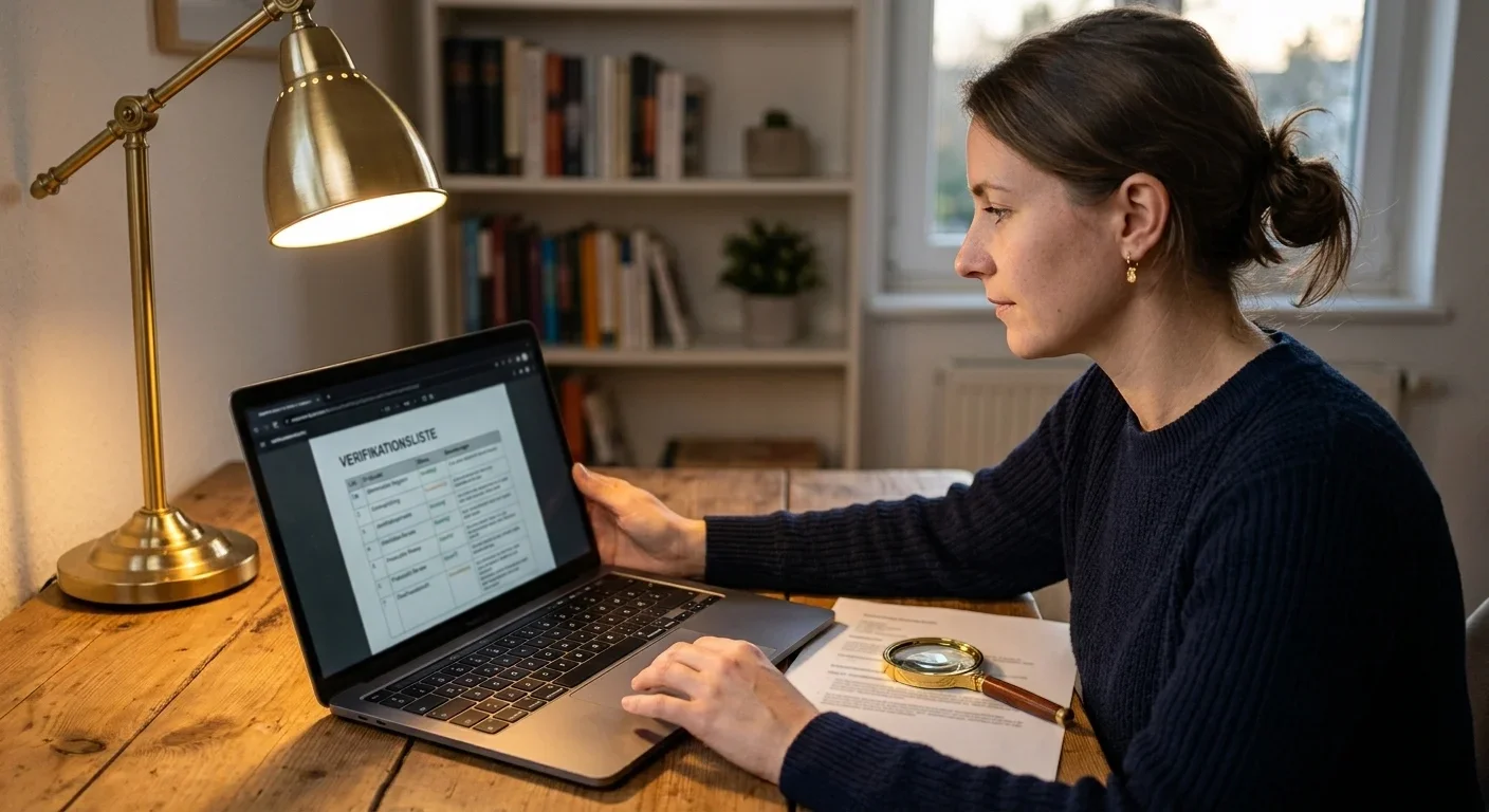Person prüft am Laptop eine neutrale Checkliste, daneben eine Lupe auf einem schlichten Ausdruck, Sinnbild für das Prüfen einer seriösen deutschen Casino-Lizenz