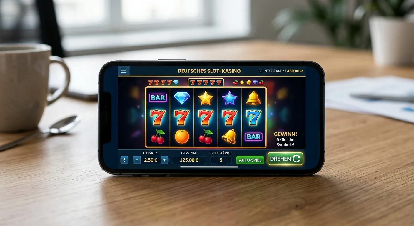 Modernes Smartphone mit Slot-Spiel-Interface, generische Walzen ohne Markenlogos