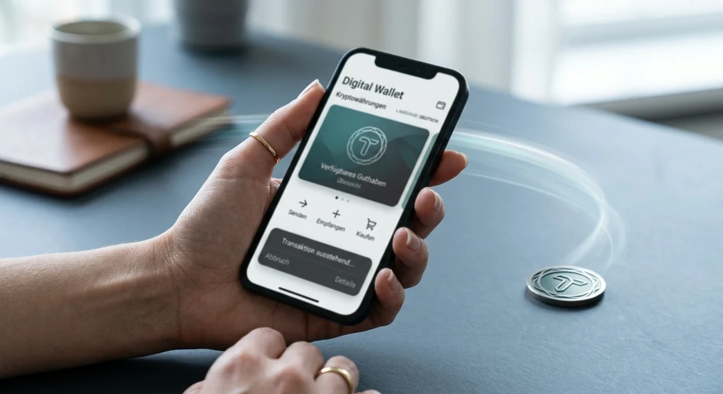 Hand am Smartphone bei einer Krypto-Auszahlung mit sichtbarem Guthaben