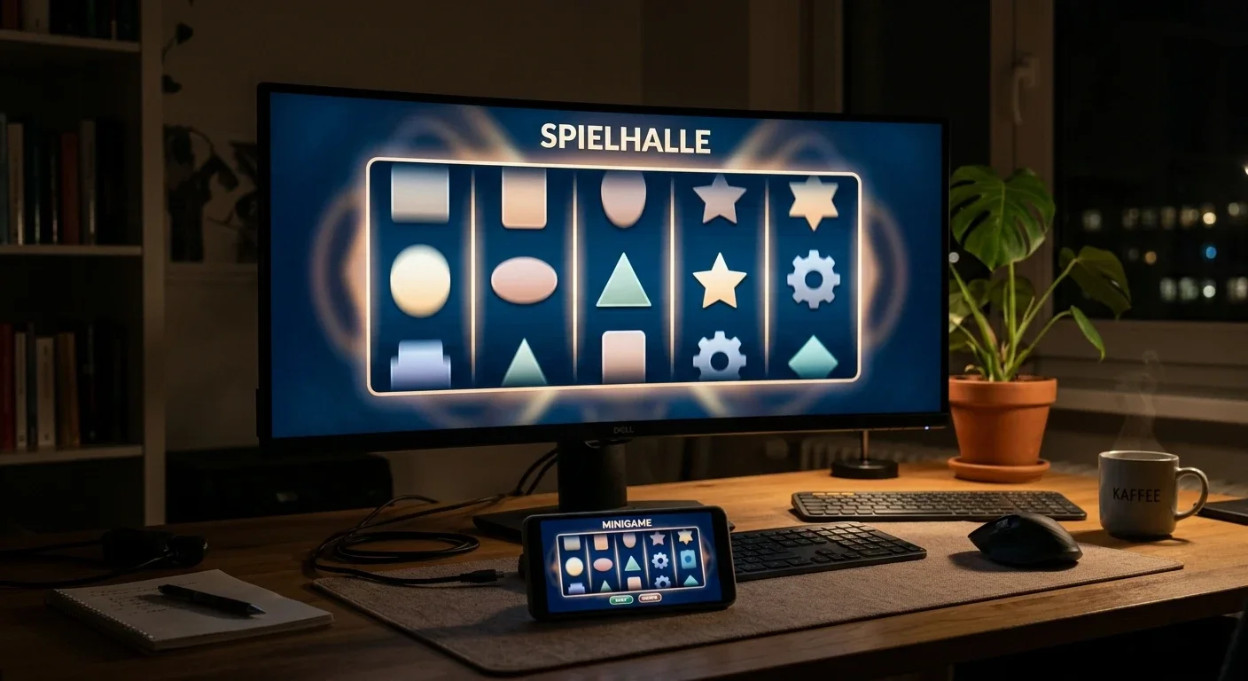 Bildschirm mit abstrakten Walzensymbolen und Instant-Spielkacheln ohne Marken