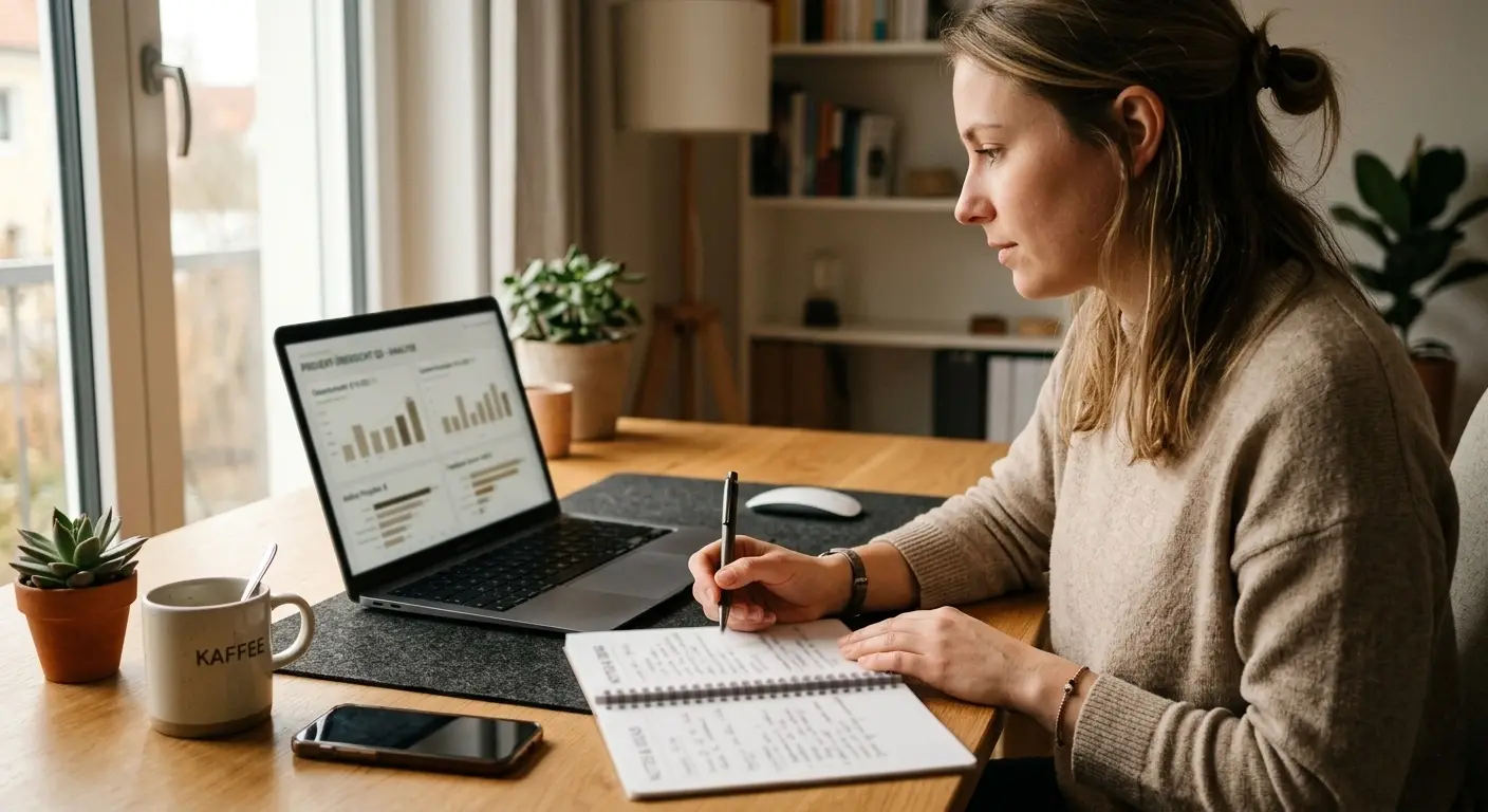 Person vergleicht handschriftliche Notizen mit Bewertungskriterien am Laptop