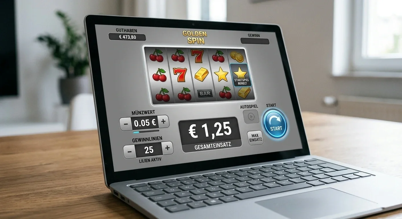 Nahaufnahme eines Slot-Interface mit Einsatzreglern und Gewinnlinien-Anzeige
