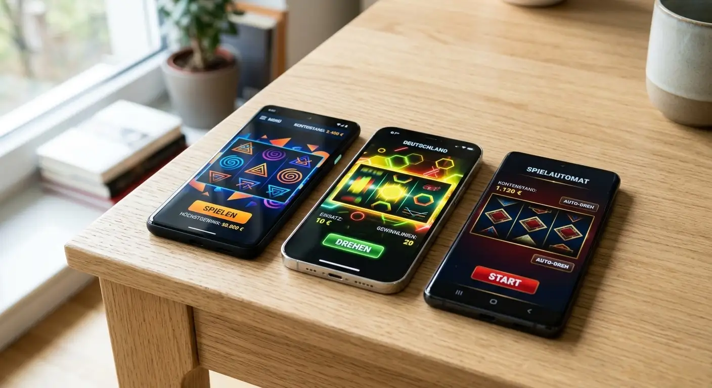 Drei Smartphone-Bildschirme nebeneinander, jeder zeigt ein anderes Slot-Spiel mit unterschiedlichen Walzen-Symbolen