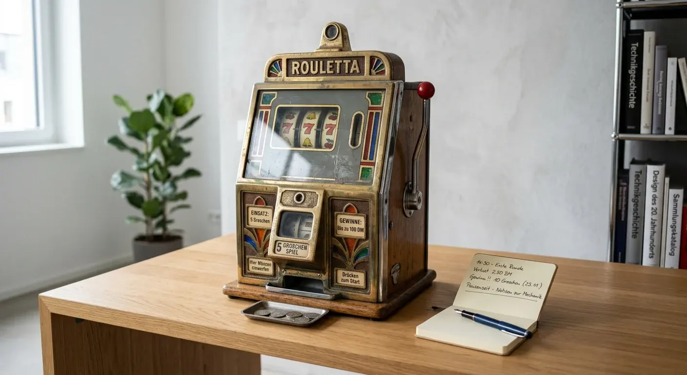 Spielautomat in einer modernen Spielhalle mit Notizbuch daneben