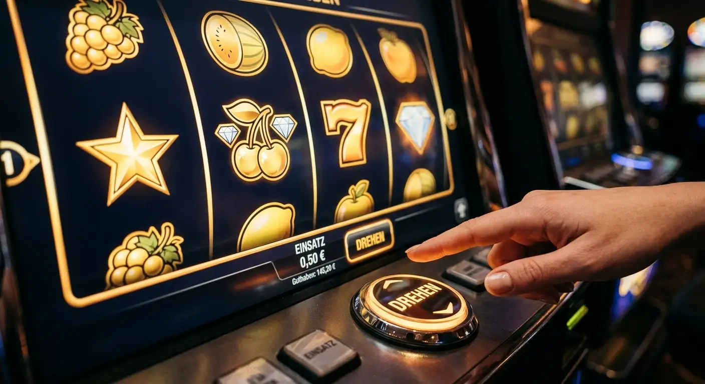 Nahaufnahme eines Spielautomaten-Rads mit abstrakten Symbolen und einer Hand am Spin-Knopf