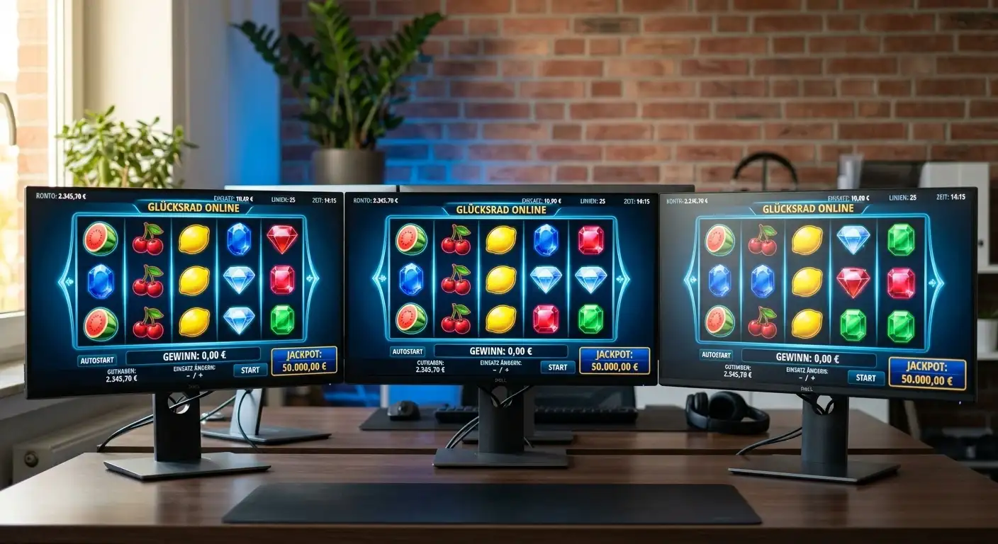 Drei Spielautomaten-Bildschirme nebeneinander mit klassischen Symbolen auf einem neutralen Desktop
