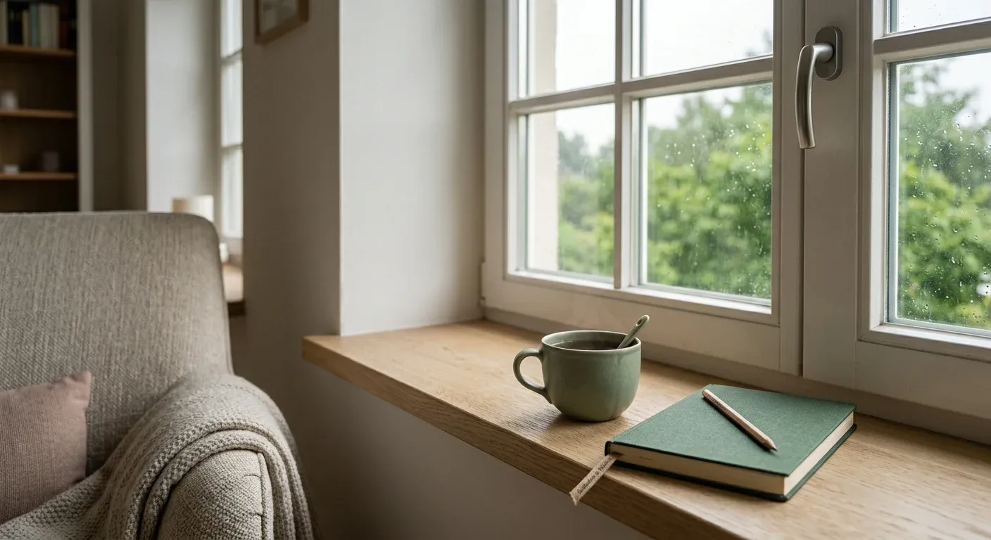 Ruhige Schreibtischszene mit Notizbuch und einer Tasse am Fenster