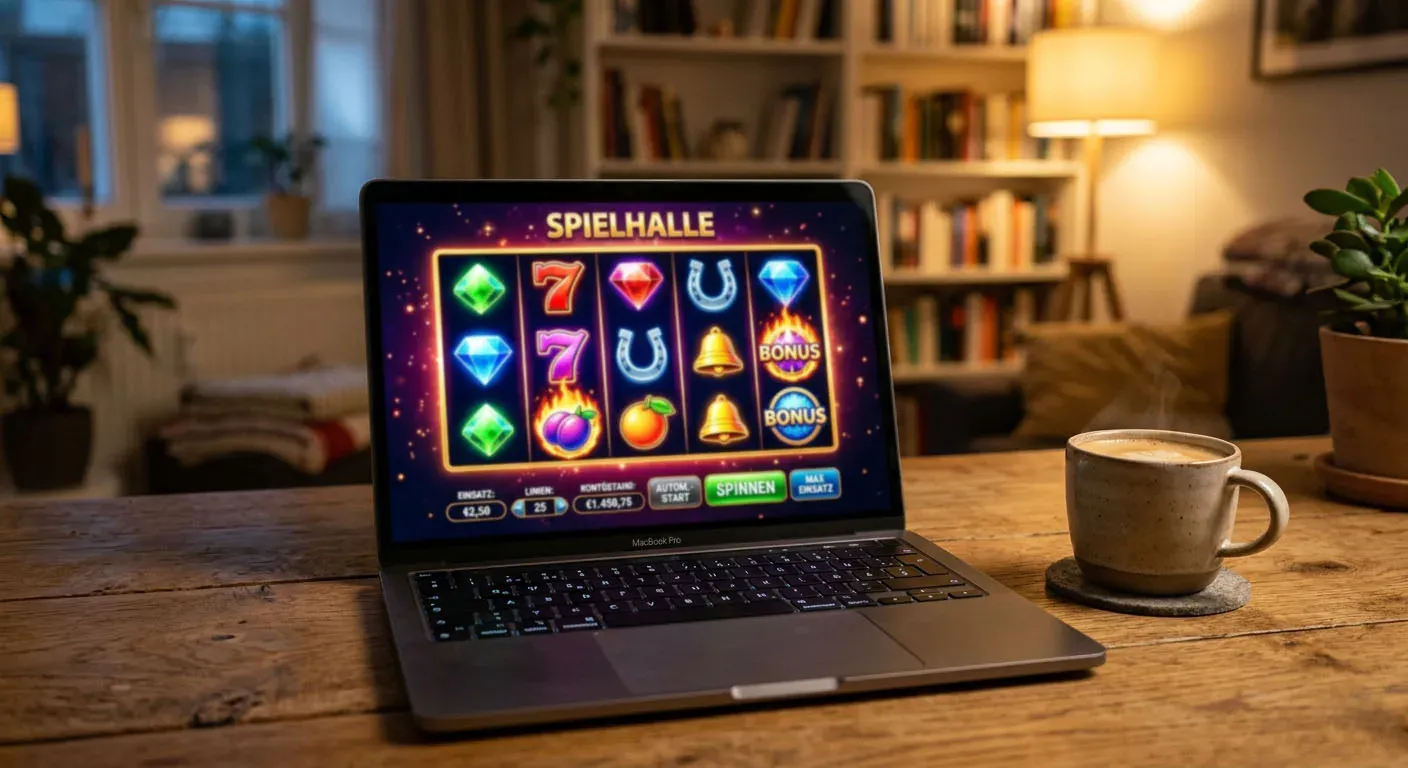 Laptop zeigt bunte Slot-Walzen ohne erkennbare Markennamen