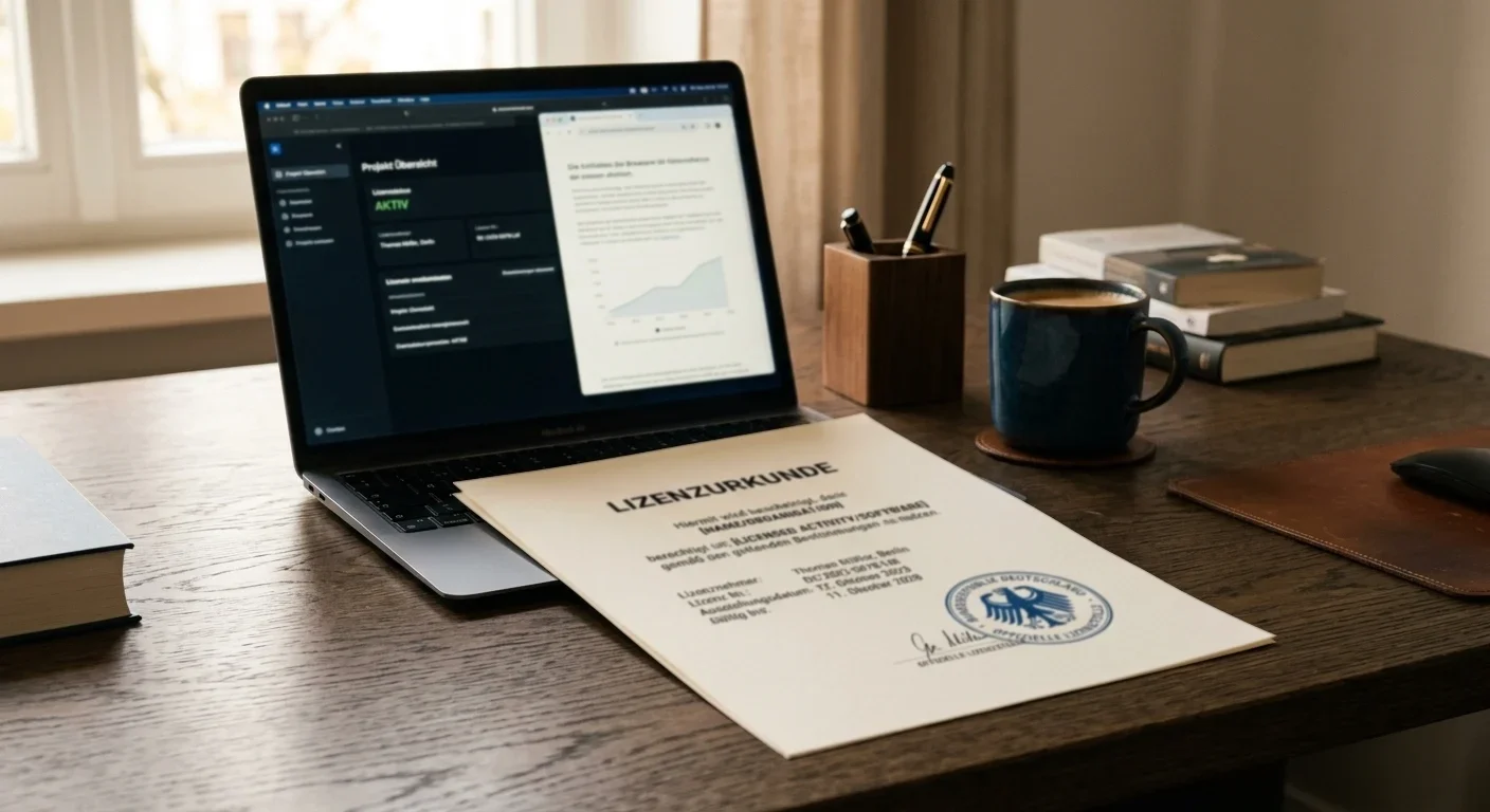 Lizenznachweis mit staatlichem Siegel neben einem Laptop auf einem Schreibtisch