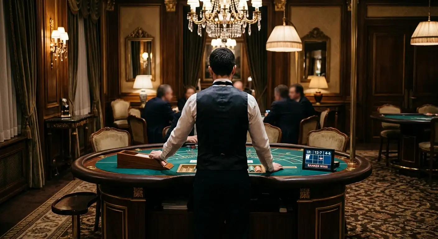 Eleganter stationärer Baccarat-Tisch mit Croupier im klassischen Spielbanksaal