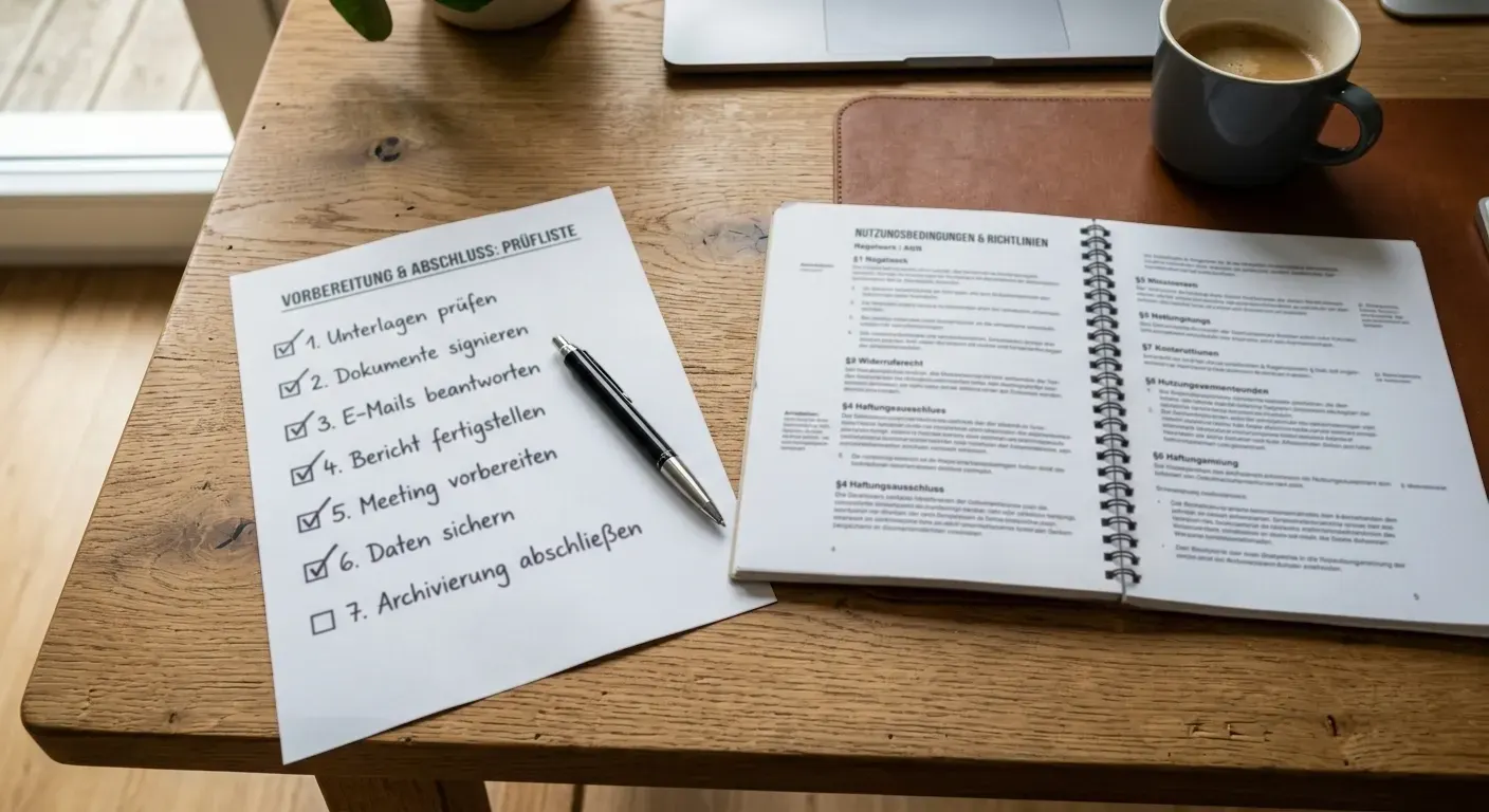 Checkliste auf Papier mit abgehakten Punkten neben offenem Casino-Regelwerk