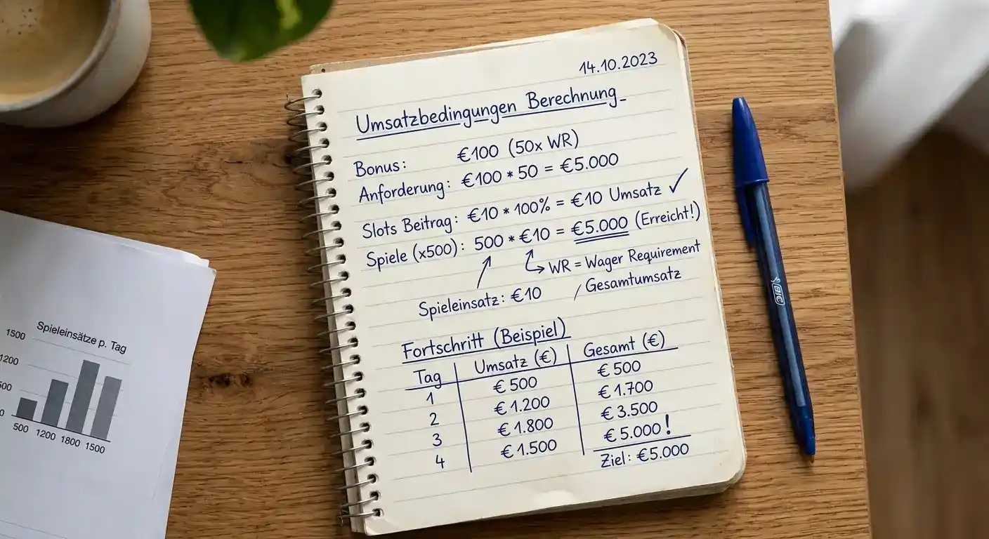 Notizblock mit handschriftlicher Berechnung von Umsatzanforderungen und Casino-Bedingungen