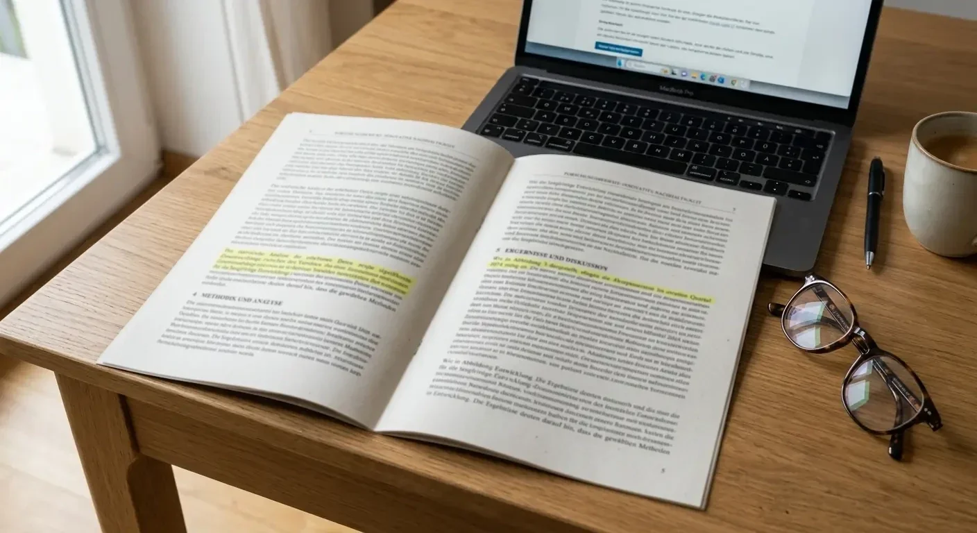 Aufgeschlagenes Dokument mit Umsatzbedingungen und Fristen neben einem Notebook auf einem Schreibtisch