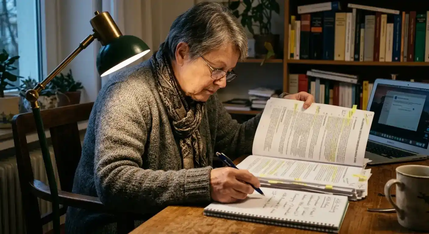 Person liest die Umsatzbedingungen eines Bonusangebots mit Stift und Notizblock