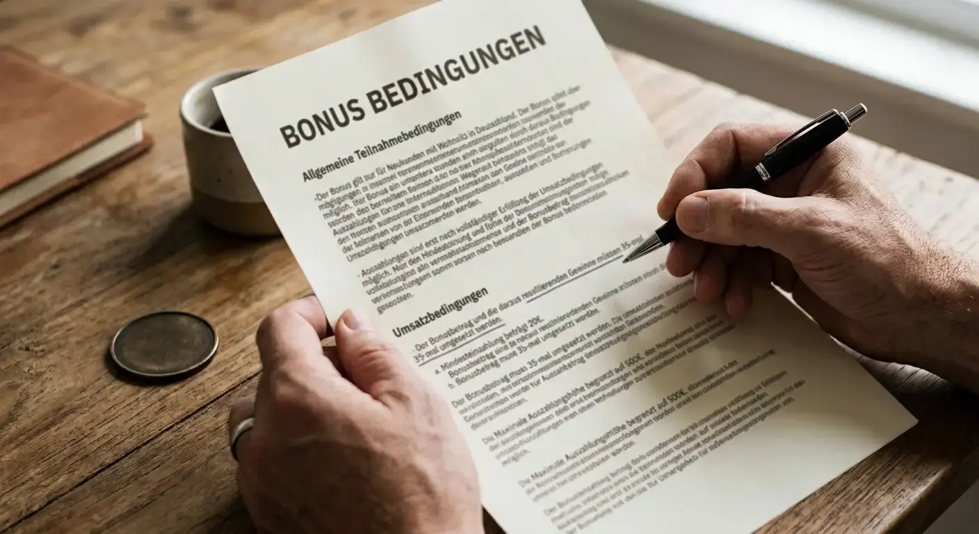Hände prüfen das Kleingedruckte der Umsatzbedingungen eines Casino-Bonus mit einem Stift