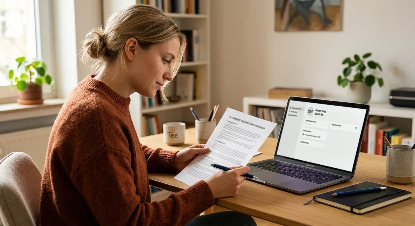 Person prüft die Konditionen auf einem schlichten Ausdruck an einem aufgeräumten Schreibtisch, Laptop mit neutraler Kontoansicht, Sinnbild für Umsatzbedingungen und die Auszahlung eines Startguthabens