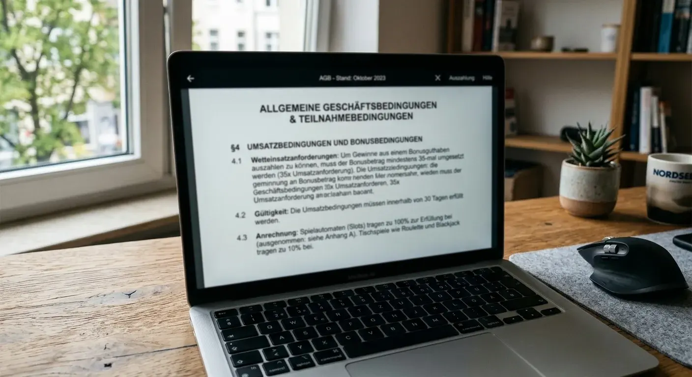 Dokument mit Bonusbedingungen und Umsatzanforderungen auf Laptop-Bildschirm