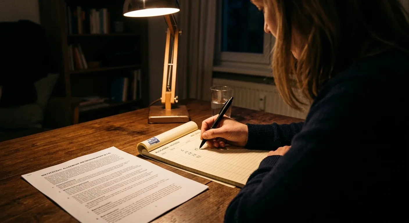 Person notiert mit Stift die Umsatzbedingungen eines Willkommensbonus auf einem Block