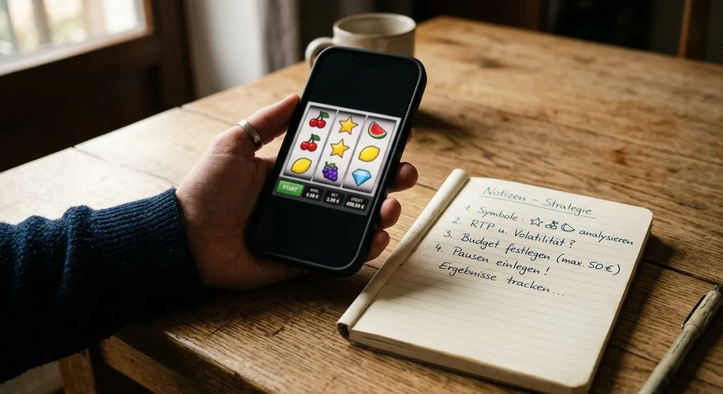 Smartphone mit Spielautomat und Notizbuch zeigt umsatzfreie Freispiele als häufigste Bonusform