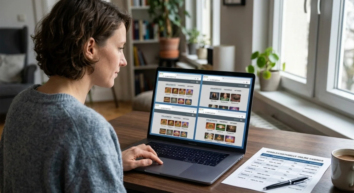 Person vergleicht am Laptop mehrere Anbieter mit umsatzfreiem Bonus anhand einer Tabelle