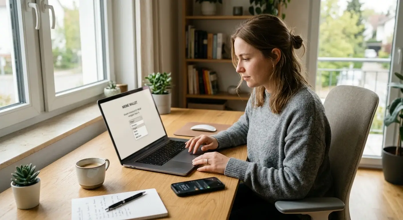 Person am Laptop wählt an einem aufgeräumten Schreibtisch ein Wallet-Netzwerk aus