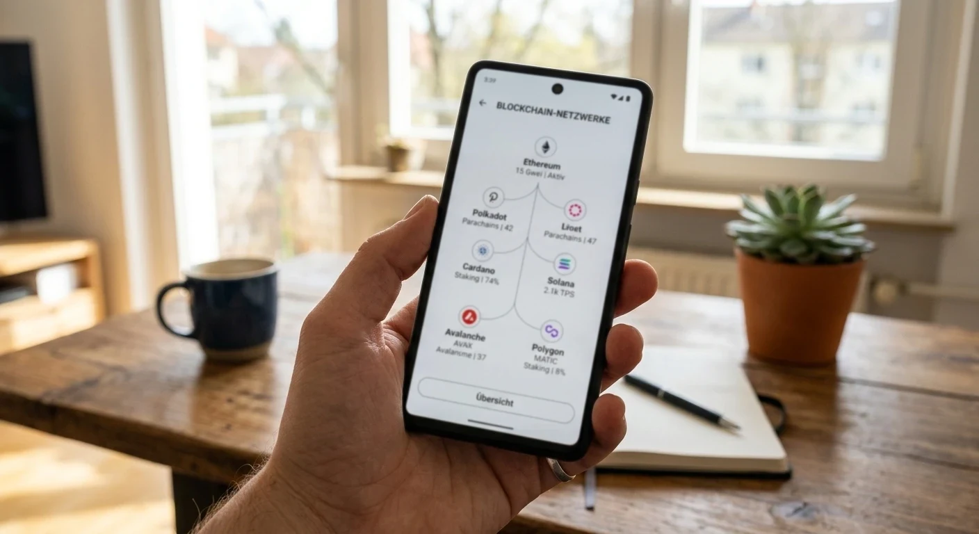 Hand mit Smartphone zeigt verbundene Netzwerkknoten für eine USDC-Überweisung