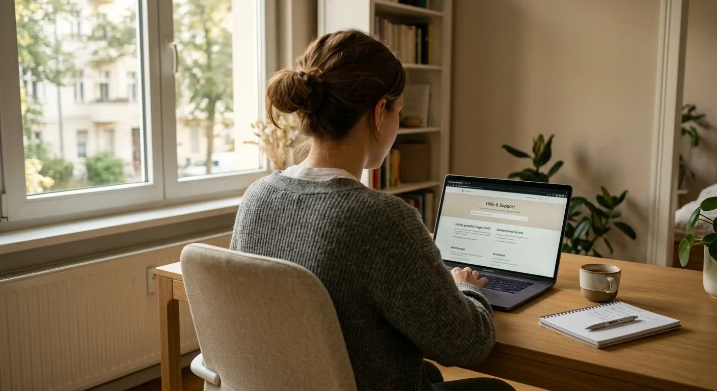 Person am Laptop mit offenen Hilfsinformationen und Kontaktdaten