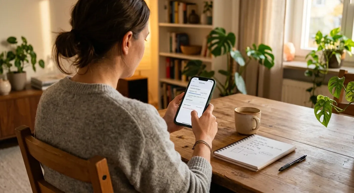 Person setzt am Smartphone ein Zeitlimit, ruhige Wohnsituation
