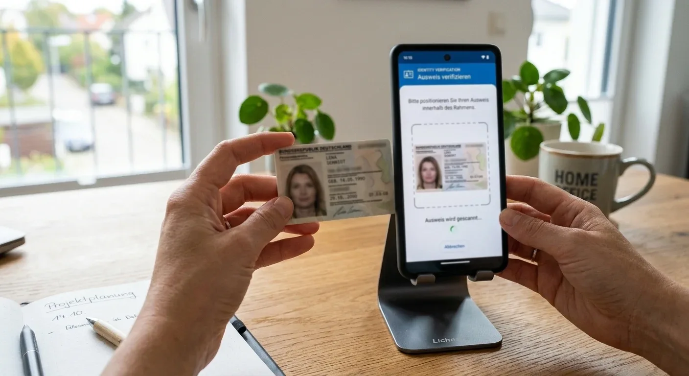Person hält Ausweisdokument vor ein Mobiltelefon zur Identitätsprüfung