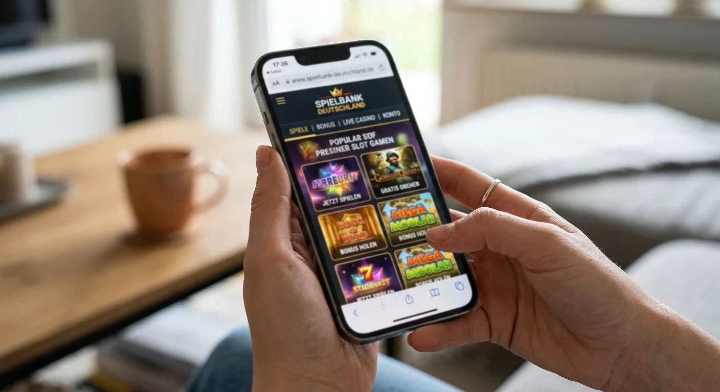 Person hält Smartphone im Browser mit responsive Casino-Website