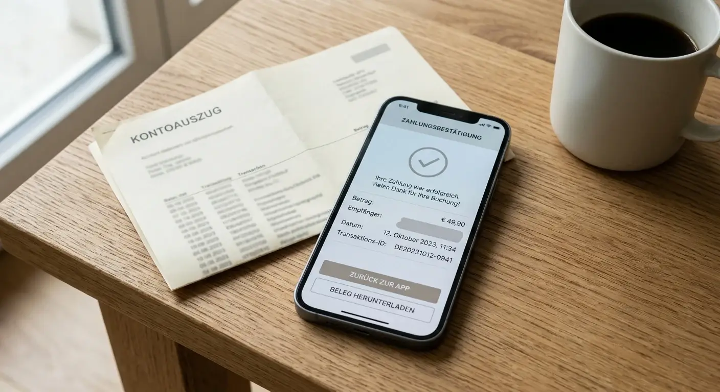 Smartphone mit neutraler Zahlungsansicht neben einem ausgedruckten Kontoauszug