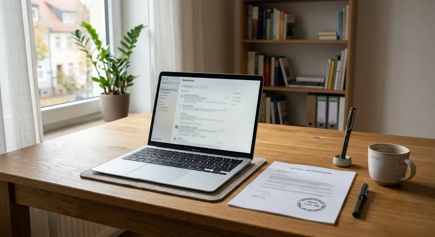 Schreibtisch mit Laptop und deutschem Lizenzdokument zum Willkommensbonus ohne Einzahlung