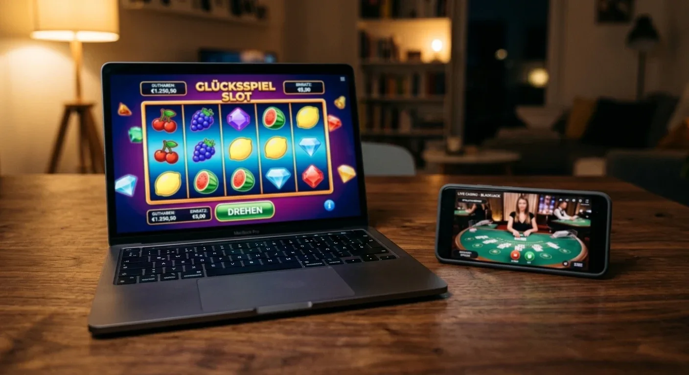 Laptop und Smartphone zeigen generische Spielautomaten und einen Live-Tisch in einem XRP-Casino