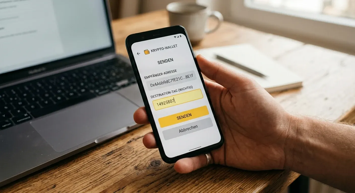 Smartphone mit Krypto-Wallet und markierter Destination-Tag-Zahlenfolge bei einer XRP-Einzahlung