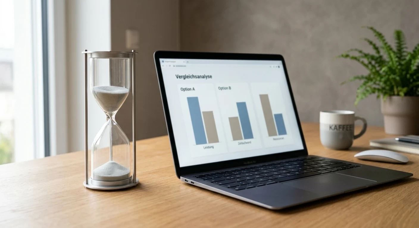 Sanduhr neben einem Laptop als Sinnbild für den Tempovergleich von XRP, Bitcoin und Banküberweisung