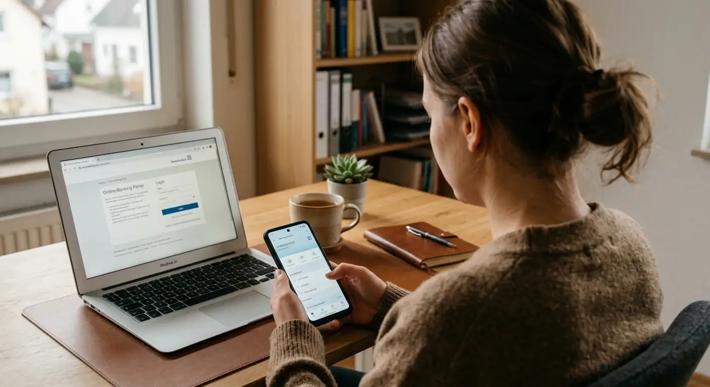 Zahlungsmittel-Szene: Person mit Smartphone an einem Schreibtisch, Laptop daneben mit neutraler Banking-App, keine Logos, keine Banknoten